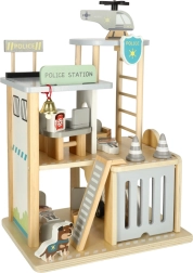 Dřevěná policejní stanice s garáží, autem a helikoptérou