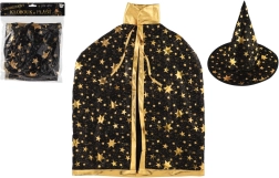 Dětský čarodějnický klobouk a plášť černo‑zlatý, průměr 38 cm