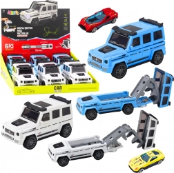 terénní auto s ukrytým autíčkem a vystřelovací rampou, světlo a zvuk – bílá/ modrá