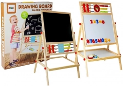 Dřevěná otočná dětská tabule s křídou, počítadlem, hodinami a magnetickými čísly