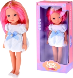 panenka s dlouhými růžovo-blond vlasy v bílé šaty s modrou mašlí 33 cm