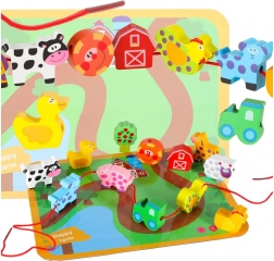Dřevěná navlékací farma – vzdělávací sada s deskou a zvířátky