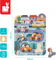 Janod - Dřevěné puzzle Ve městě, 6 dílků, 18 měsíců +