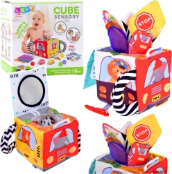 Měkká senzorická kostka s autíčky a dopravními značkami s bezpečným zrcátkem