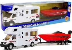 Hračka karavan s červeným člunem a setrvačníkem 1:48