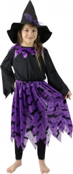 dětský kostým čarodějnice s kloboukem a motivem netopýrů (velikost s)