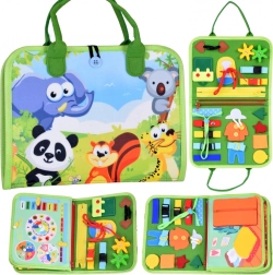 Textilní Montessori manipulační knížka se zvířátky a hodinami