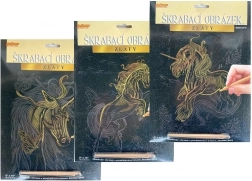 Škrabací zlatý obrázek Jednorožec A4, 3 motivy