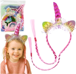 Růžová čelenka jednorožec s rohem, ušima a copánky