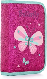 Jednopatrový školní penál s flitrovým efektem, motiv motýl, 2 chlopně