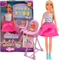 Woopie Royal panenka Lily s miminkem a jídelní židličkou – sada doplňků