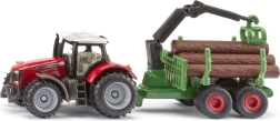 Siku traktor Massey Ferguson s lesnickým přívěsem a kládami