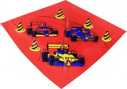 Barevný létající drak s motivem závodních aut