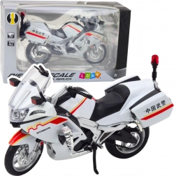 Kovový motocykl 1:12 se světly a zvuky – bílý s červeno‑žlutými prvky