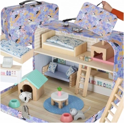Přenosný dřevěný domeček v kufříku – hotel pro mazlíčky s nábytkem a figurkami