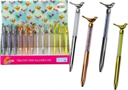 Kuličkové pero s ptáčkem a třpytivými kamínky, modrý inkoust 0,7 mm