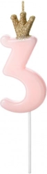 Dortová svíčka růžová s korunkou ve tvaru čísla 3