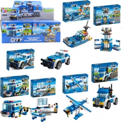 Stavebnice policie 8v1 – vozidla, budovy a vrtulník (98–118 dílků)