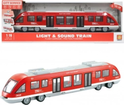 Červený tramvaj s otevíracími dveřmi, zvuky a světly