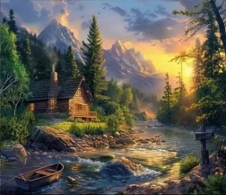 Diamantové malování – chata u brodu 30 × 40 cm