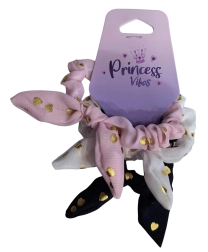 PINK sada gumiček do vlasů scrunchie s mašlí a zlatými srdíčky - 3 ks