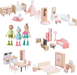 Dřevěná sada nábytku do domečku s rodinkou 5 v 1