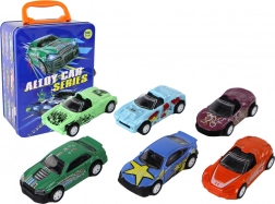 Sada kovových autíček s třecím pohonem v plechovém kufříku 1:64, 6 ks