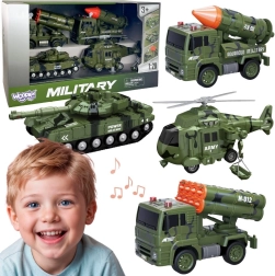 WOOPIE sada vojenských vozidel s raketomety, tankem a vrtulníkem 4 ks, měřítko 1:20