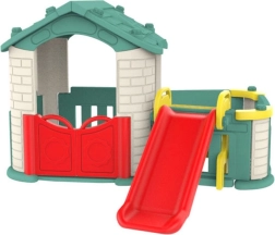 Zahradní domeček 3v1 pro děti se zelenou střechou a skluzavkou