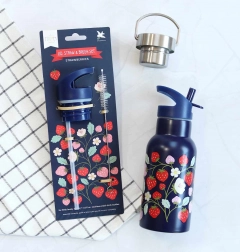 A Little Lovely Company sada uzávěru, kartáčku a brčka k nerezové lahvi 350 ml – Jahody