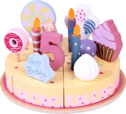 Dřevěný narozeninový dort na krájení s dekoracemi