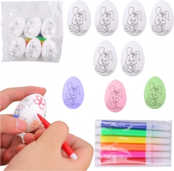 Velikonoční polystyrenová vajíčka k malování se vzorem zajíčka, 6 ks s fixy