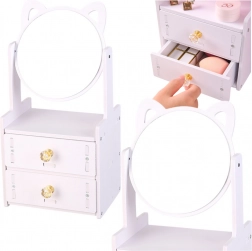 Mini toaletka s kulatým zrcadlem a kočičími oušky, 2 zásuvky, bílá dřevěná