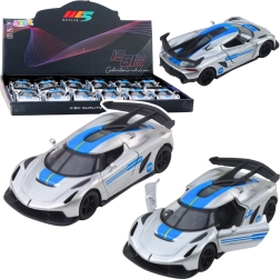 Kovové sportovní autíčko 1:32 se zpětným pohonem a otevíracími dveřmi – stříbrné