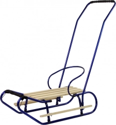 Kovové sáně s tlačnou rukojetí, opěradlem a tažným popruhem – modré
