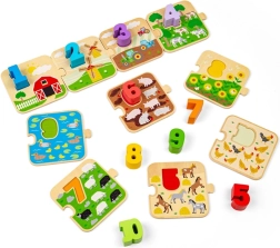 BIGJIGS TOYS dřevěné puzzle s obrázky a čísly 1–10 (život na farmě)