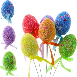 Velikonoční vajíčka na drátku barevná s bílými vzory a stuhou 6 ks