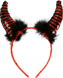 Čertí rohy s flitry a peřím na saténové čelence