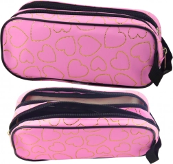 Školní penál růžový se zlatými srdíčky, dvoukomorový