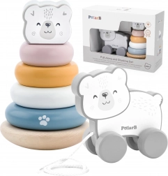 Viga PolarB dřevěný set lední medvěd: pyramida a tahací medvídek