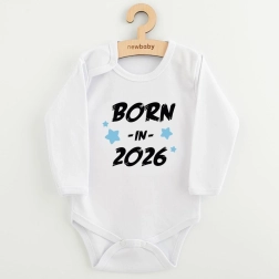 Dětské body s potiskem NEW BABY Born in 2026, modré, vel. 68 (4–6 měsíců)