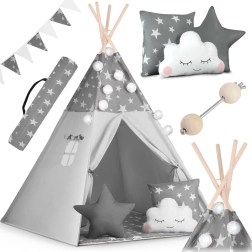 Dětské teepee NUKIDO se světýlky a girlandou – šedé s hvězdičkami