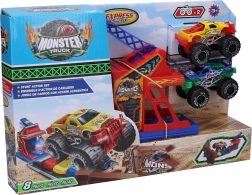 Monster truck kaskadérská dráha s 2 kovovými auty
