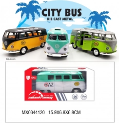 Mini kovový autobus s otevíracími dveřmi a pohonem na zpětné natažení