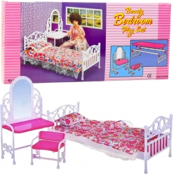 Sada nábytku pro panenky s postelí, toaletním stolkem a židlí s květinovým povlečením