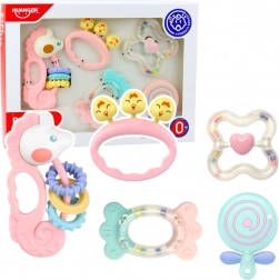 Sada smyslových chrastítek a kousátek pro kojence růžová 5 ks