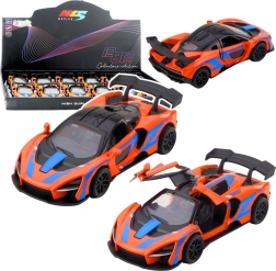 Kovový sportovní vůz 1:32 s pull-back pohonem a otevíracími dveřmi – oranžový