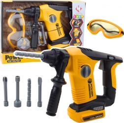 Dětské vrtací kladivo s vyměnitelnými koncovkami a ochrannými brýlemi žluté