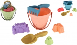 Plastová sada na písek s kbelíkem, lopatkou, hrabičkami a 3 formičkami v síťce