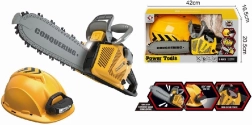 Hračka motorová pila s přilbou a svítilnou pro malé dřevorubce